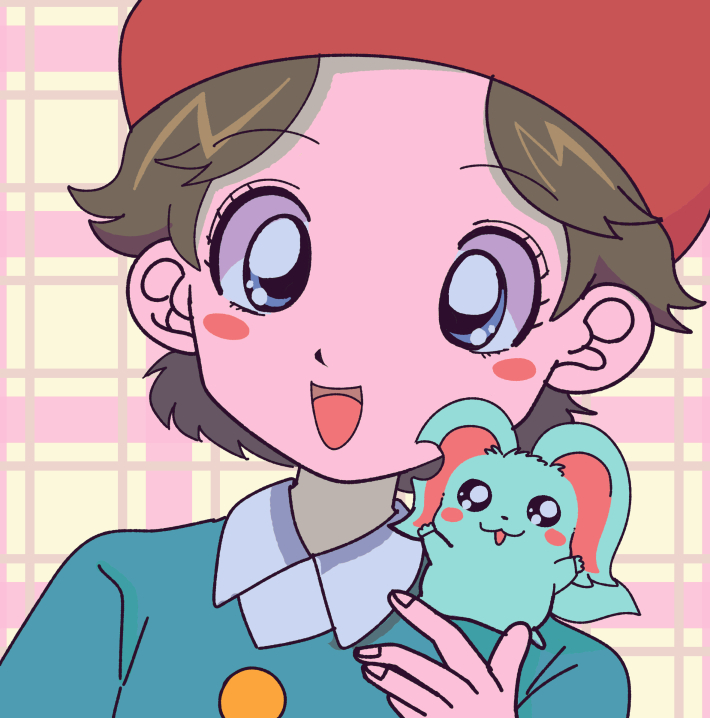 1girl, 1other, adeleine, animal_on_shoulder, blue_fur, blush_stickers, brown_hair, chinchilla_ears
