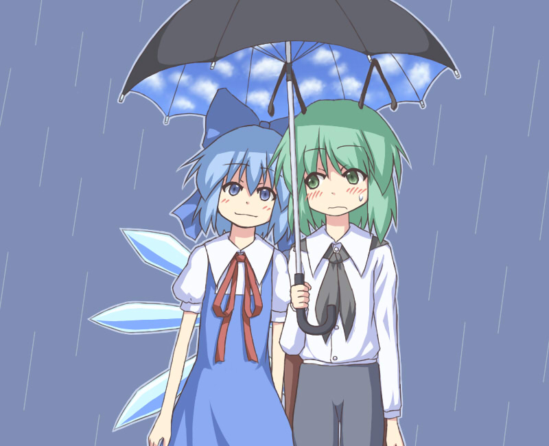 antennae, blue_eyes, blue_hair, blush, bow, cirno, dress, green_eyes
