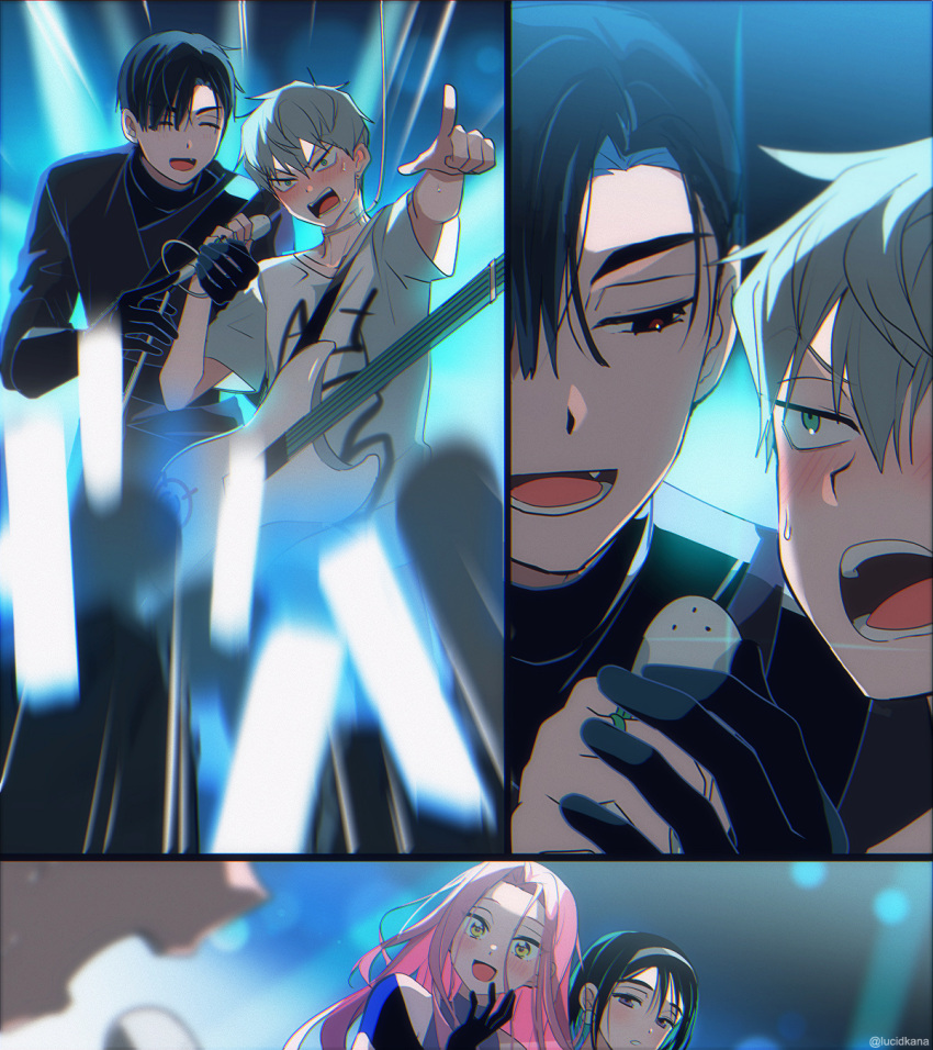2boys, 2girls, alien_stage, artist_name, black_coat, black_eyes, black_gloves, black_hair