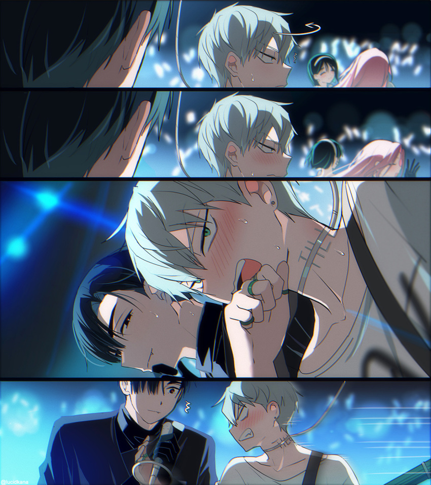 2boys, 2girls, alien_stage, arrow_(symbol), artist_name, black_eyes, black_hair, blank_eyes