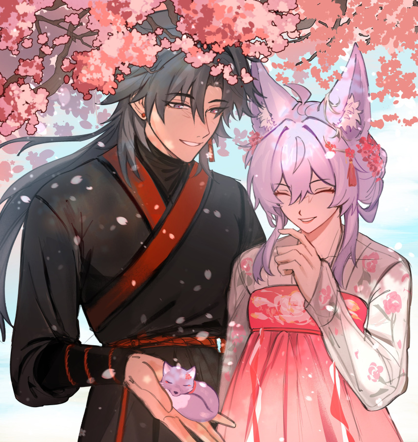 1boy, 1girl, absurdres, animal, animal_ears, baiheng_(honkai:_star_rail), black_eyes, black_hair