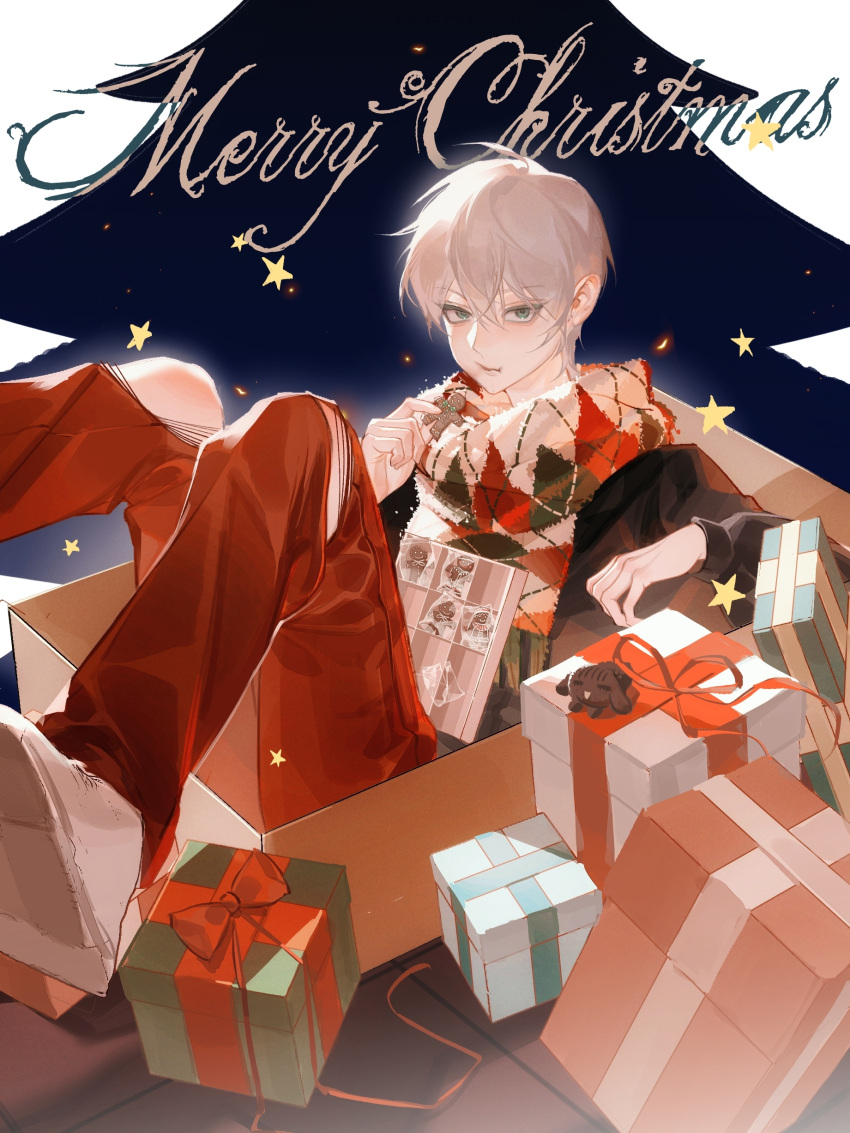 1boy, absurdres, alien_stage, black_shirt, box, cardboard_box, chinese_commentary, christmas, christmas_tree, commentary, cookie, food, gift, gift_box, gingerbread_man, green_eyes, grey_hair, highres, holding, holding_cookie, holding_food, in_box, in_container, limu, long_sleeves, looking_at_viewer, male_focus, merry_christmas, multicolored_clothes, multicolored_scarf, pants, puffy_cheeks, red_pants, scarf, shirt, short_hair, solo, star_(symbol), till_(alien_stage), white_footwear