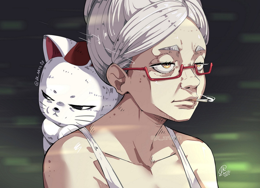 1girl, ayase_seiko, brown_eyes, cat, cigarette, close-up, dandadan, fallen_angels_(movie)
