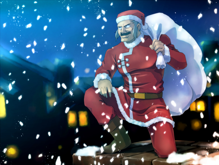 1boy, blurry, blurry_background, boots, christmas, facial_hair, g_gundam, gundam