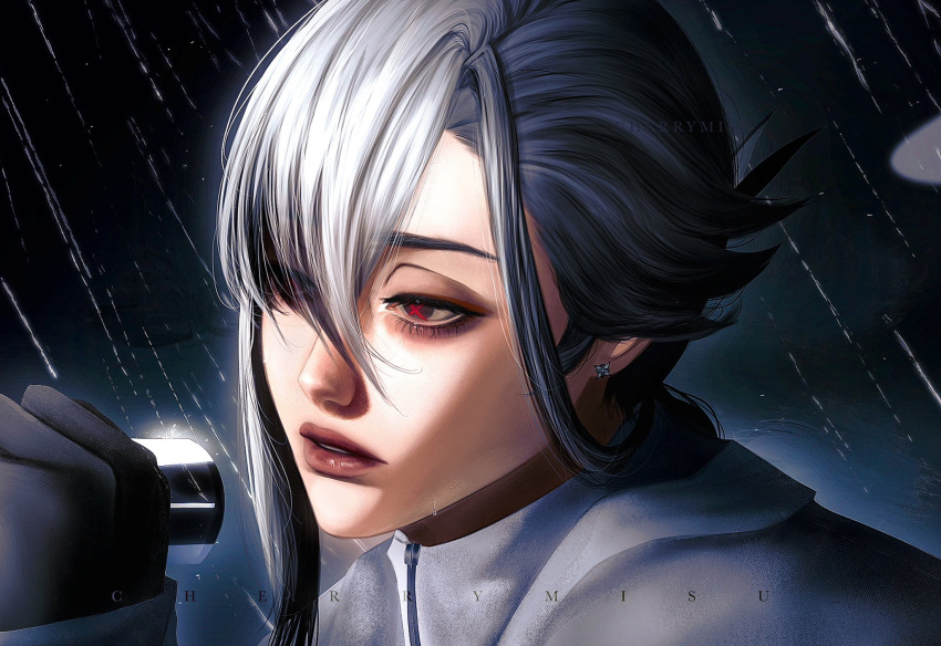 1girl, alien_stage, arlecchino_(genshin_impact), artist_name, black_eyes, black_gloves, black_hair, cherrymisu, coat, commentary, cosplay, earrings, eyes_visible_through_hair, genshin_impact, gloves, hair_over_one_eye, highres, holding, holding_microphone, ivan_(alien_stage), ivan_(alien_stage)_(cosplay), jewelry, microphone, multicolored_hair, open_mouth, portrait, rain, red_pupils, shirt, solo, symbol-shaped_pupils, two-tone_hair, white_coat, white_hair, white_shirt, x-shaped_pupils
