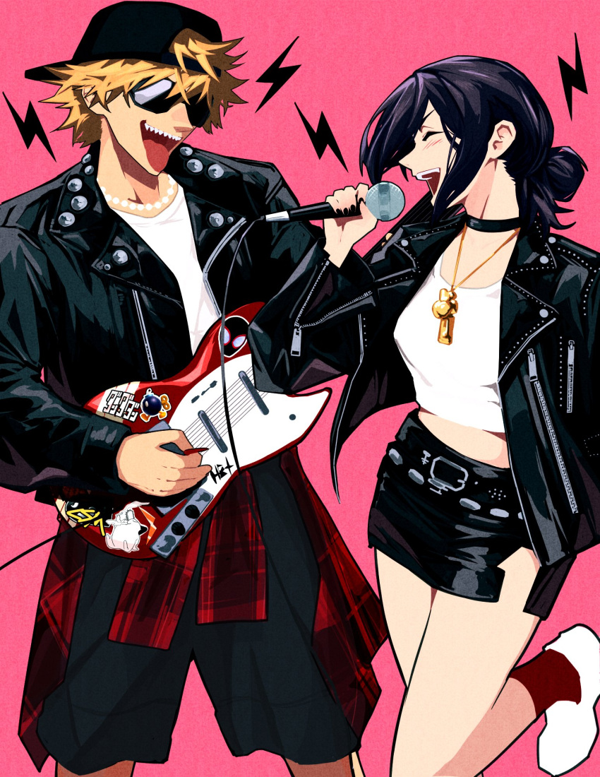 1boy, 1girl, apt._(rose_&amp;_bruno_mars), baseball_cap, black_choker, black_hat, black_jacket, black_shorts