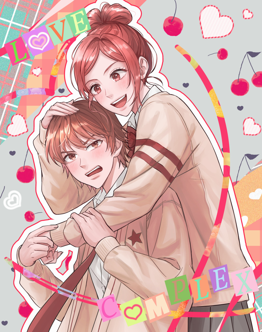 absurdres, blush, couple, hand_on_another's_head, highres, hug, imy, koizumi_risa, long_hair, lovely_complex, ootani_atsushi, orange_hair, school_uniform, smile