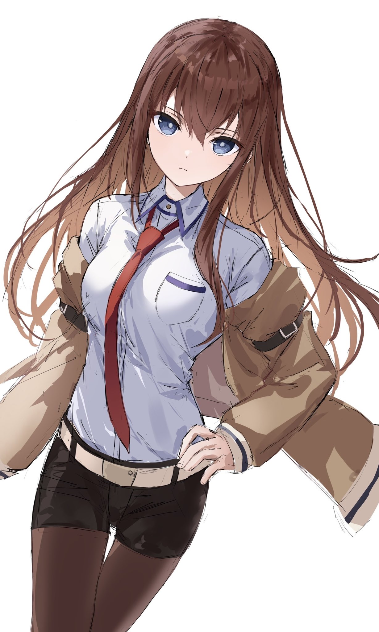 1girl, bell, belt, black_pantyhose, black_shorts, blue_eyes, breasts, brown_belt