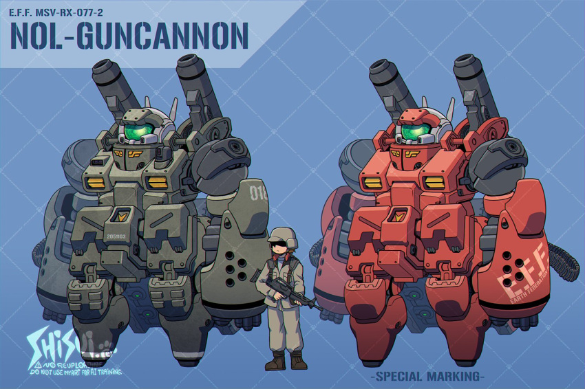 1boy, ammunition_belt, arm_cannon, artist_name, assault_rifle, assault_visor, blue_background, character_name