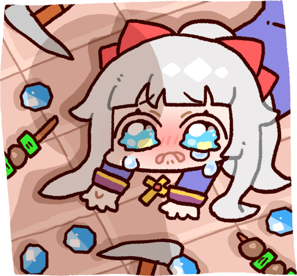 1girl, apu_spills_his_tendies_(meme), blue_gemstone, blush, bow, commentary_request, cross, crying