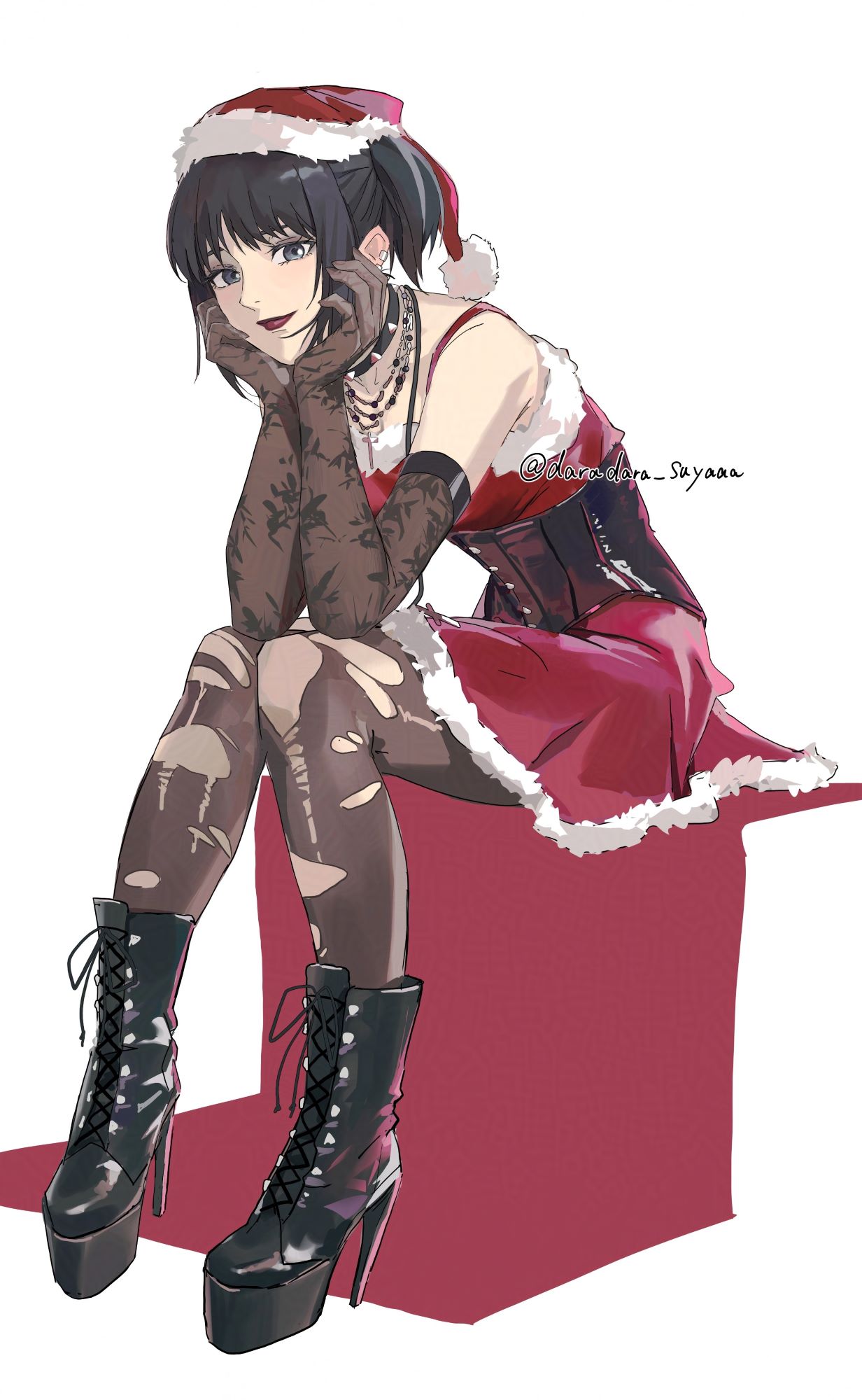 1girl, bare_shoulders, black_choker, black_footwear, black_hair, blunt_bangs, boots, brown_pantyhose, choker, christmas, closed_mouth, commentary_request, cross, cross-laced_footwear, cross_necklace, darao_(daradara_suyaaa), dress, ear_piercing, elbow_gloves, elbow_rest, full_body, fur-trimmed_dress, fur-trimmed_headwear, fur_trim, gloves, goth_fashion, grey_eyes, hands_on_own_face, hat, head_rest, high_heel_boots, high_heels, highres, jewelry, lace-trimmed_gloves, lace-up_boots, lace_trim, leaning_forward, leather, leather_boots, lipstick, looking_at_viewer, makeup, mikasa_ackerman, necklace, pantyhose, piercing, pom_pom_(clothes), red_dress, red_hat, red_lips, santa_costume, santa_dress, santa_hat, shingeki_no_kyojin, sitting, smile, solo, spiked_choker, spikes, torn_clothes, torn_pantyhose, twintails