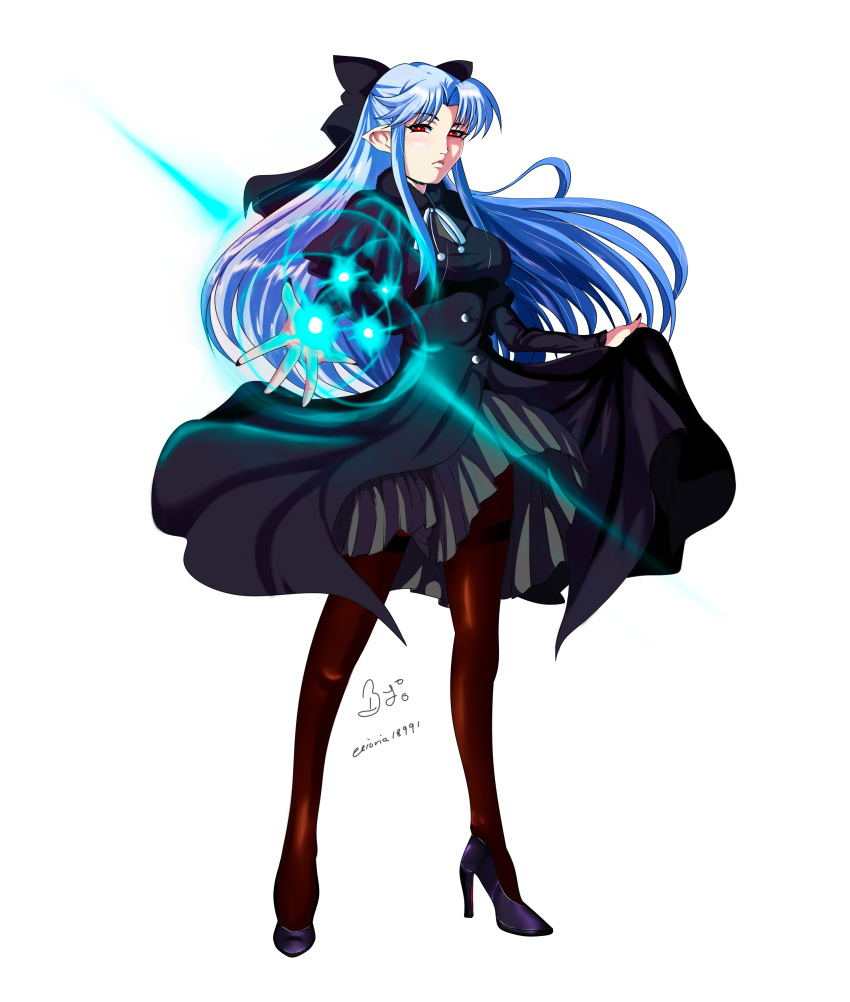 1girl, absurdres, aged_up, aioria18991, artist_name, black_bow, black_dress, blue_hair, bow, capelet, dress, hair_bow, half_updo, highres, len_(tsukihime), long_hair, long_sleeves, looking_at_viewer, melty_blood, pointy_ears, red_eyes, ribbon, signature, solo, thigh-highs, tsukihime, white_background