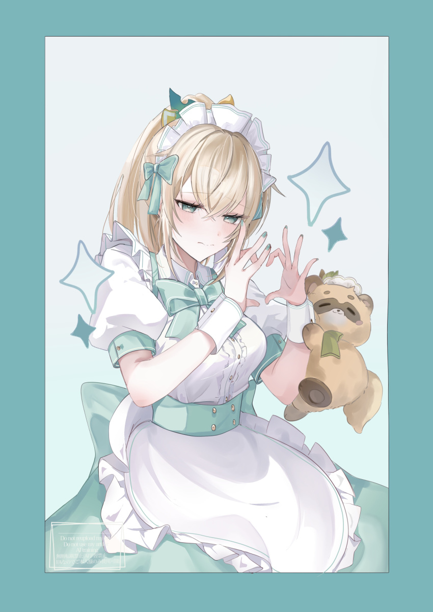 1girl, 4-finger_heart_hands, absurdres, alternate_costume, apron, aqua_border, aqua_bow, aqua_bowtie