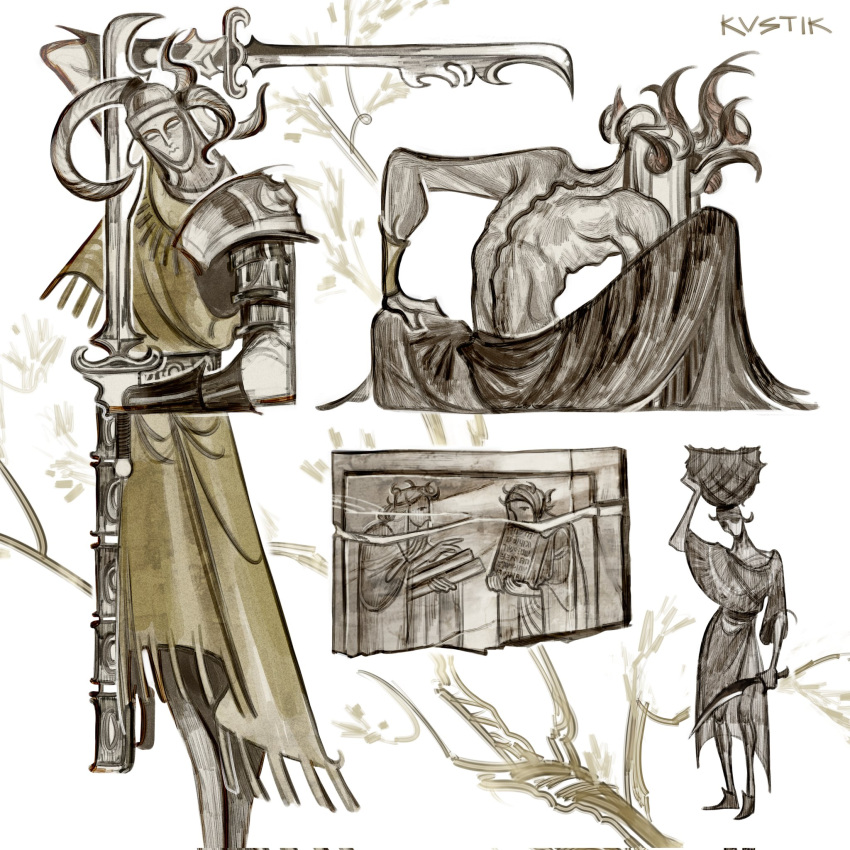 armor, bare_back, bare_shoulders, basket, black_footwear, black_robe, book, boots, branch, curled_horns, dagger, elden_ring, elden_ring:_shadow_of_the_erdtree, from_behind, gauntlets, highres, holding, holding_basket, holding_book, holding_dagger, holding_knife, holding_scroll, holding_sword, holding_weapon, horns, knife, knight, kvstik1111, mask, multiple_others, ornate_weapon, pauldrons, plate_armor, robe, scroll, shoulder_armor, simple_background, stone_tablet, sword, weapon, white_background, yellow_robe