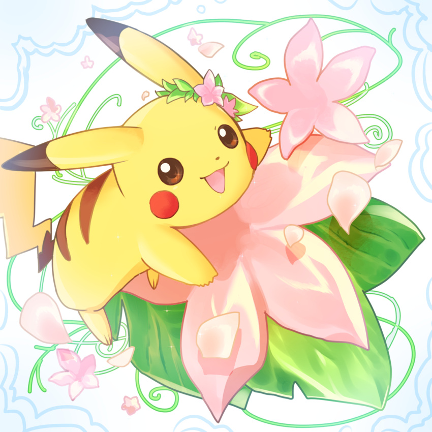 brown_eyes, commentary_request, flower, highres, leaf, open_mouth, petals, pikachu