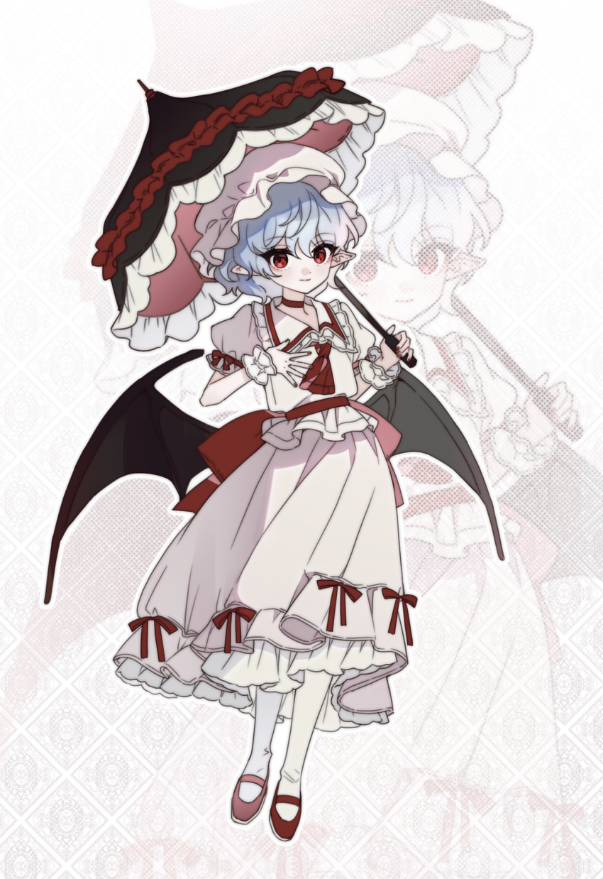 1girl, ascot, back_bow, bat_wings, black_wings, blue_hair, bow, choker, closed_mouth, collared_shirt, commentary, frilled_cuffs, frilled_shirt_collar, frilled_skirt, frilled_sleeves, frilled_umbrella, frills, full_body, hand_on_own_chest, hands_up, hat, highres, holding, holding_umbrella, keno_(dkdltm4), looking_at_viewer, low_wings, mary_janes, mob_cap, outline, pantyhose, parasol, patterned_background, puffy_short_sleeves, puffy_sleeves, red_ascot, red_bow, red_choker, red_footwear, red_nails, red_ribbon, remilia_scarlet, ribbon, shirt, shoes, short_hair, short_sleeves, skirt, skirt_set, sleeve_ribbon, solo, touhou, umbrella, white_hat, white_outline, white_pantyhose, white_shirt, white_skirt, wings, wrist_cuffs, zoom_layer