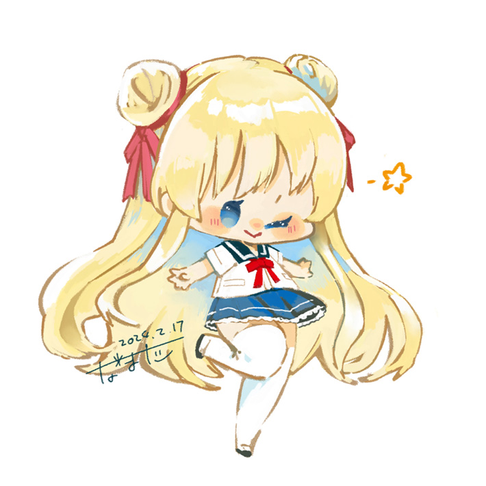 1girl, 2024, blonde_hair, blue_eyes, blue_sailor_collar, blue_skirt, blush_stickers, chibi, chibi_only, claudina_skylark_(mousugu_natsuyasumi!_2), dated, double_bun, frilled_skirt, frills, full_body, hair_bun, long_hair, mousugu_natsuyasumi!_2, namata, one_eye_closed, outstretched_arms, pink_ribbon, red_ribbon, ribbon, sailor_collar, school_uniform, serafuku, signature, simple_background, skirt, smile, socks, solo, standing, standing_on_one_leg, star_(symbol), white_background, white_serafuku, white_socks
