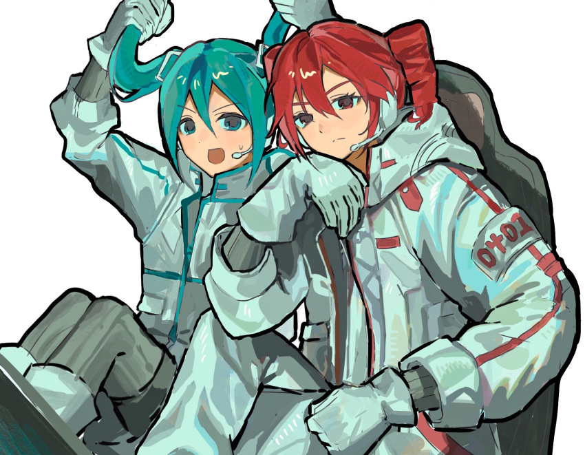 2girls, arms_up, astronaut, blue_hair, closed_mouth, drill_hair, elbow_rest, eoldang1