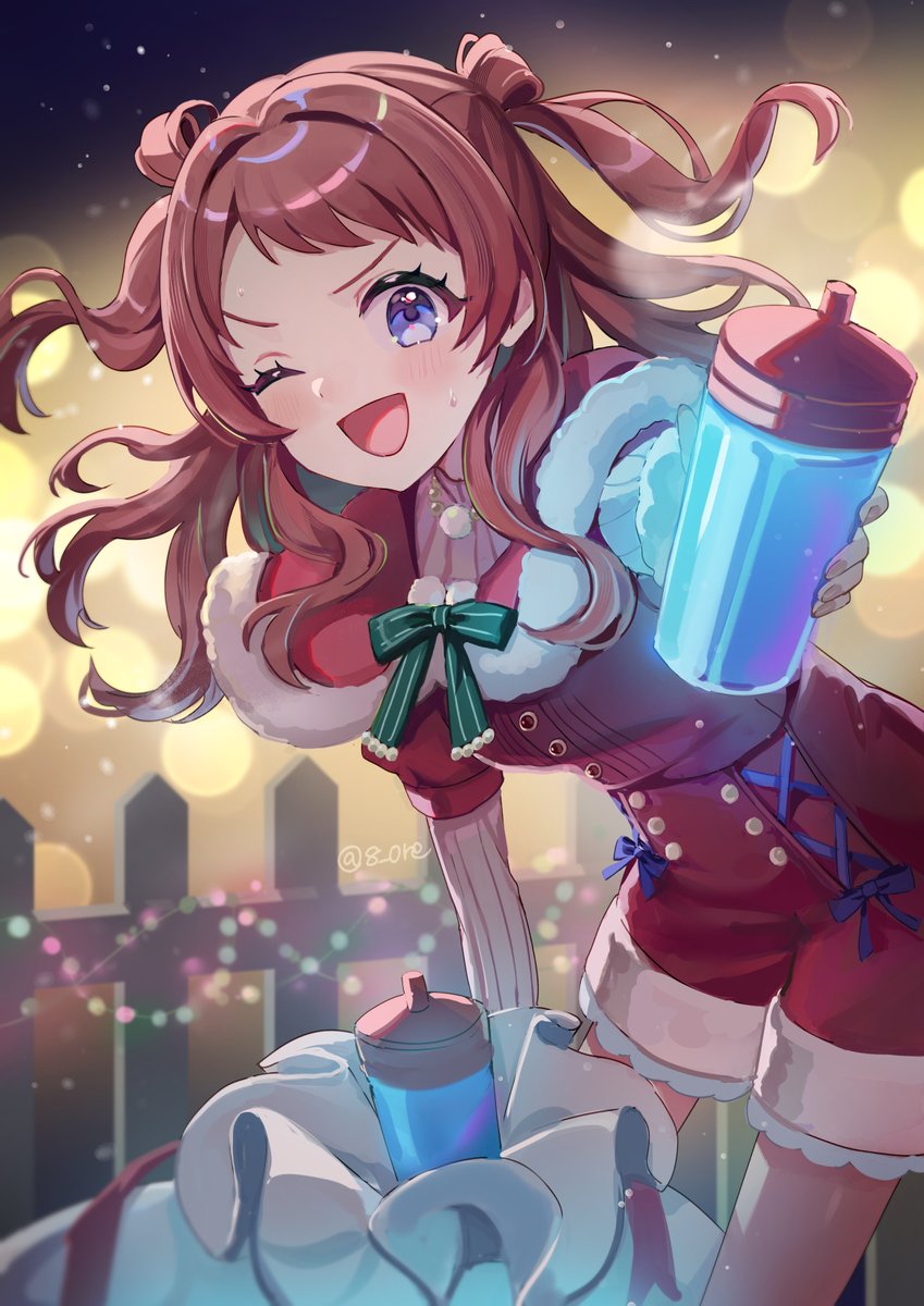 1girl, 8n0_g, :d, blue_eyes, blue_liquid, blush, bottle, commentary_request