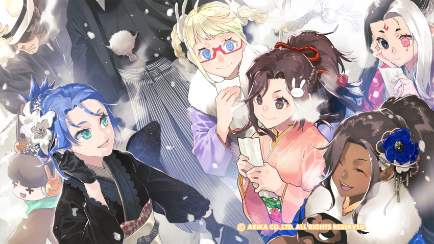 2boys, 5girls, area_(arika), arika, artist_request, black_gloves, blair_dame, braid