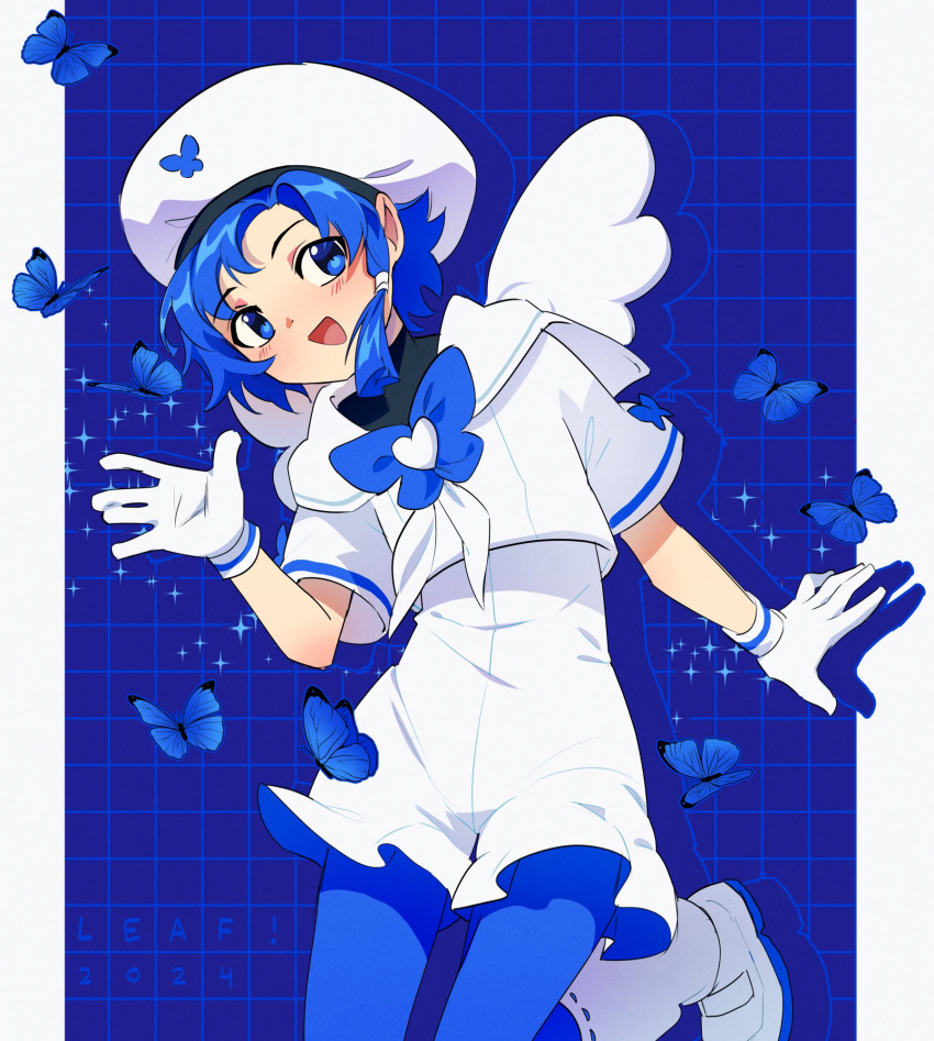 1girl, animal_print, beret, black_undershirt, blue_background, blue_eyes, blue_pantyhose, bluesky, bluesky_logo, blush, bug, butterfly, butterfly_print, colored_shoe_soles, curtained_hair, gloves, hand_up, hat, highres, leaglem, loose_socks, neckerchief, open_mouth, pantyhose, personification, shoes, short_hair, short_shorts, shorts, sky-tan_(vertigris), smile, socks, solo, white_background, white_footwear, white_neckerchief, white_shorts, wings