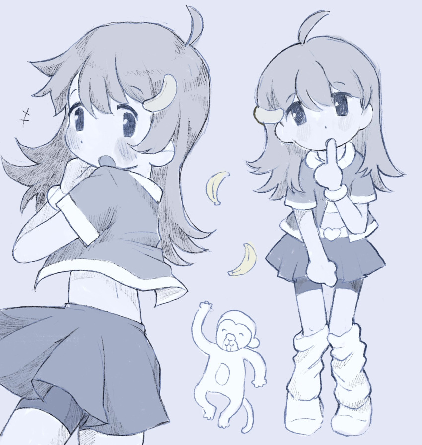 1girl, 1other, ahoge, animal, banana, blush, bracelet, commentary