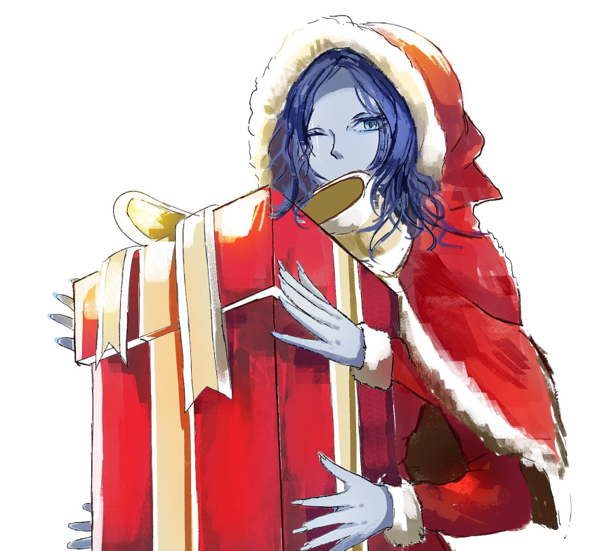 1girl, alternate_costume, blue_eyes, blue_hair, box, capelet, christmas, commentary