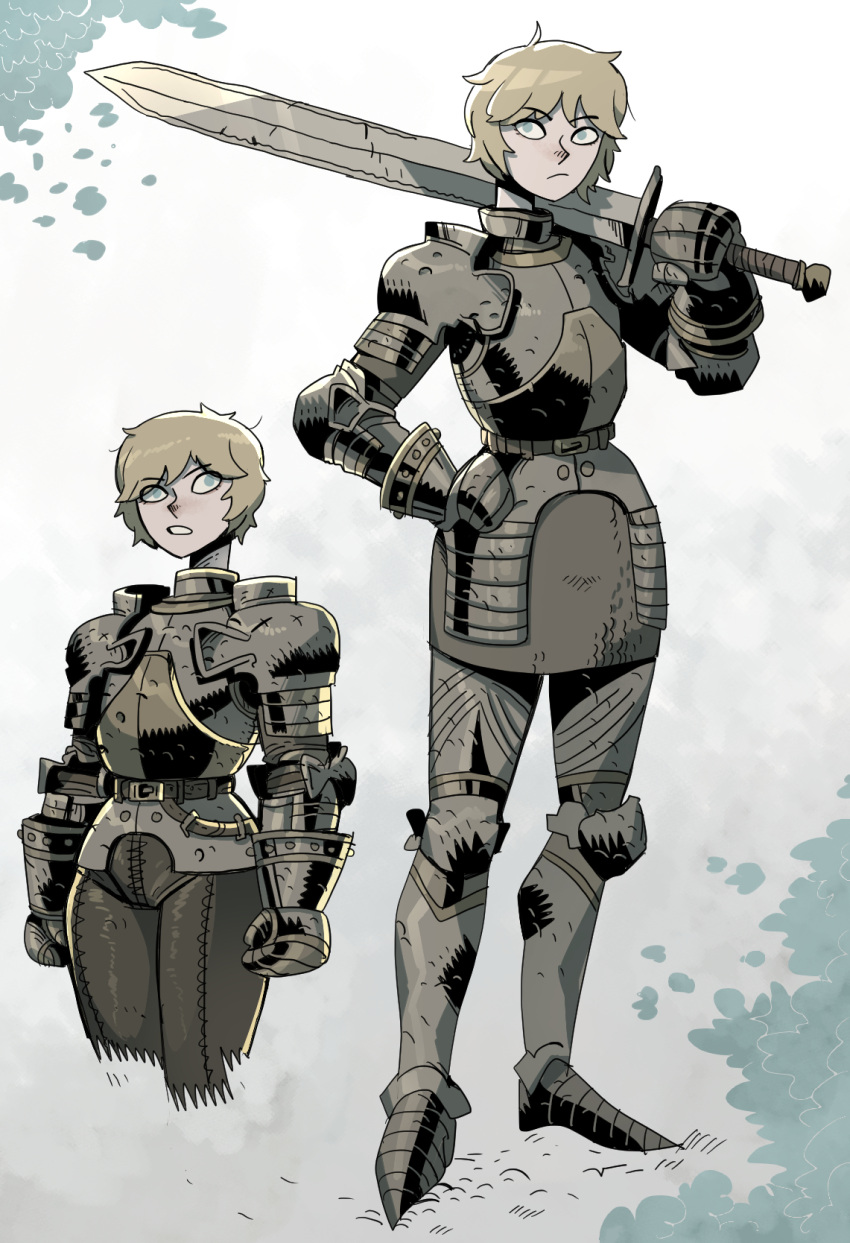 1girl, armor, blonde_hair, blue_eyes, breastplate, closed_mouth, commission, gauntlets