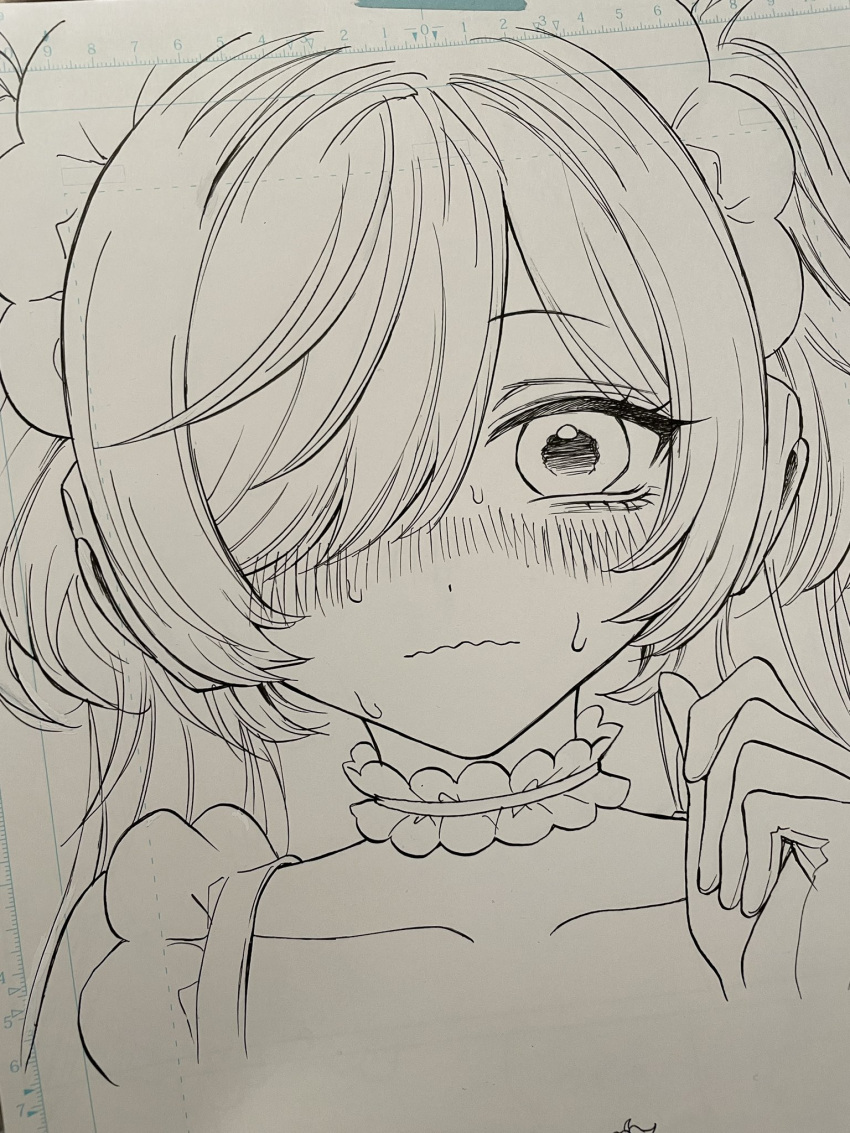 1girl, akiyama_enma, blush, closed_mouth, collarbone, greyscale, hair_over_one_eye, highres