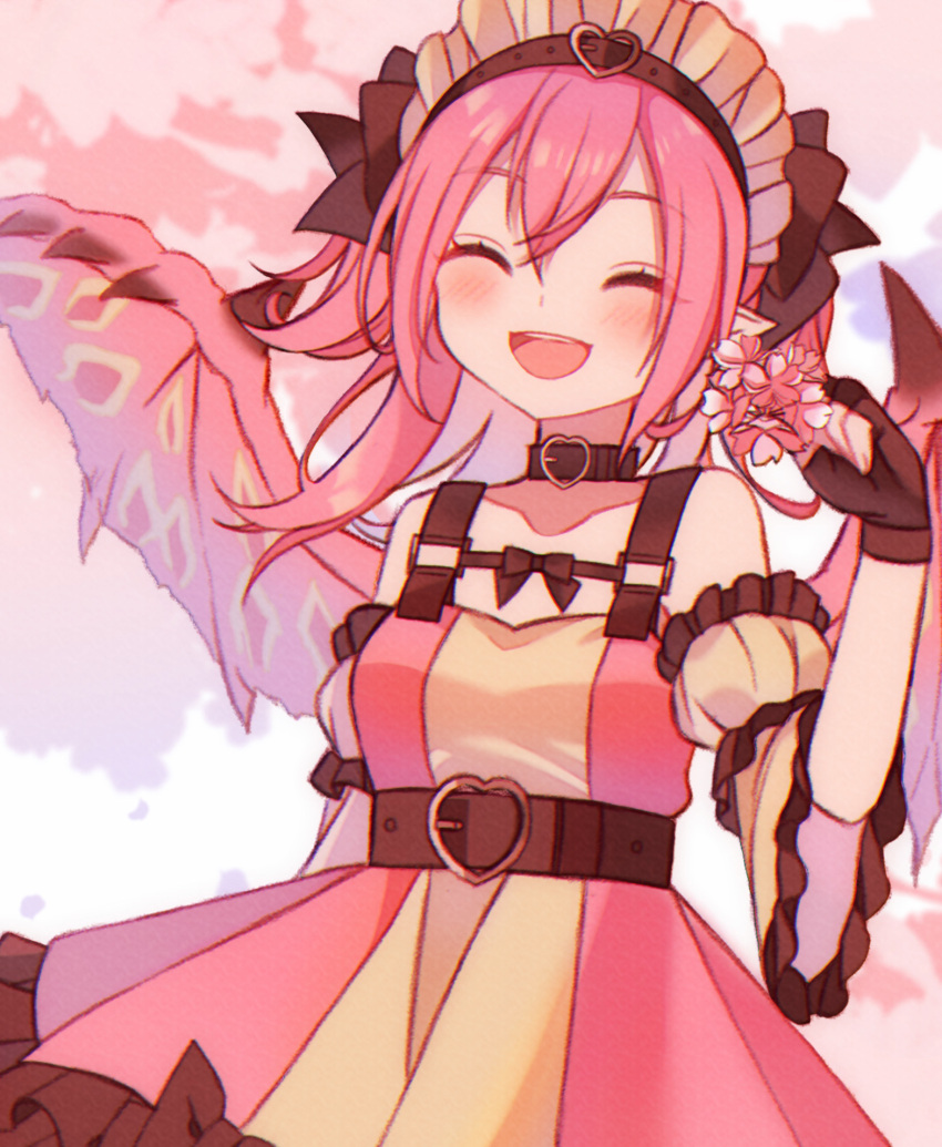 1girl, :d, arm_up, belt, belt_collar, black_belt, black_bow, black_gloves, black_straps, blush, bow, breasts, buckle, cherry_blossoms, closed_eyes, collar, colored_skin, detached_sleeves, dragon_girl, dress, fingerless_gloves, frilled_dress, frilled_hairband, frills, gloves, hairband, heart, heart-shaped_buckle, highres, leaning_back, medium_breasts, medium_hair, monster_hunter_(series), okitama_(oktm53), personification, pink_hair, pink_rathian, pink_skin, pointy_ears, rathian, redhead, smile, solo, teeth, two-tone_dress, upper_teeth_only