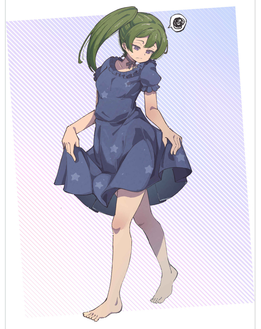 1girl, absurdres, barefoot, blue_dress, closed_mouth, commentary, dress, full_body