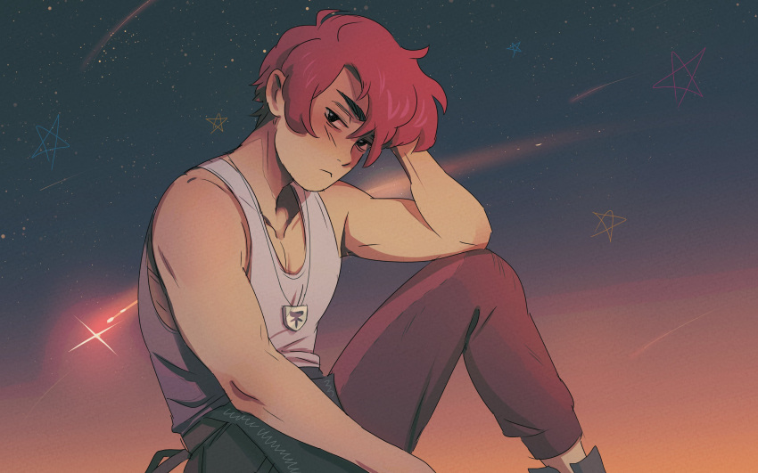 1boy, absurdres, arm_behind_head, black_eyes, blush, closed_mouth, commentary, dusk, english_commentary, fields_of_mistria, highres, jewelry, looking_at_viewer, male_focus, march_(fields_of_mistria), necklace, night, night_sky, redhead, shirt, shooting_star, short_hair, sitting, sky, sleeveless, sleeveless_shirt, solo, star_(sky), toned, toned_male, white_shirt, wishcraft