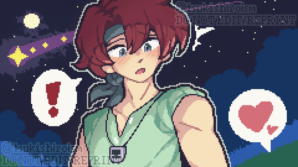 !, 1boy, black_headband, blush, commentary, english_commentary, fields_of_mistria, full_moon, green_shirt, grey_eyes, headband, heart, jewelry, male_focus, march_(fields_of_mistria), moon, necklace, night, night_sky, open_mouth, pixel_art, redhead, shirt, shooting_star, short_hair, sky, sleeveless, sleeveless_shirt, solo, spoken_exclamation_mark, spoken_heart, standing, star_(sky), toned, toned_male, tsukishiroism, upper_body, watermark