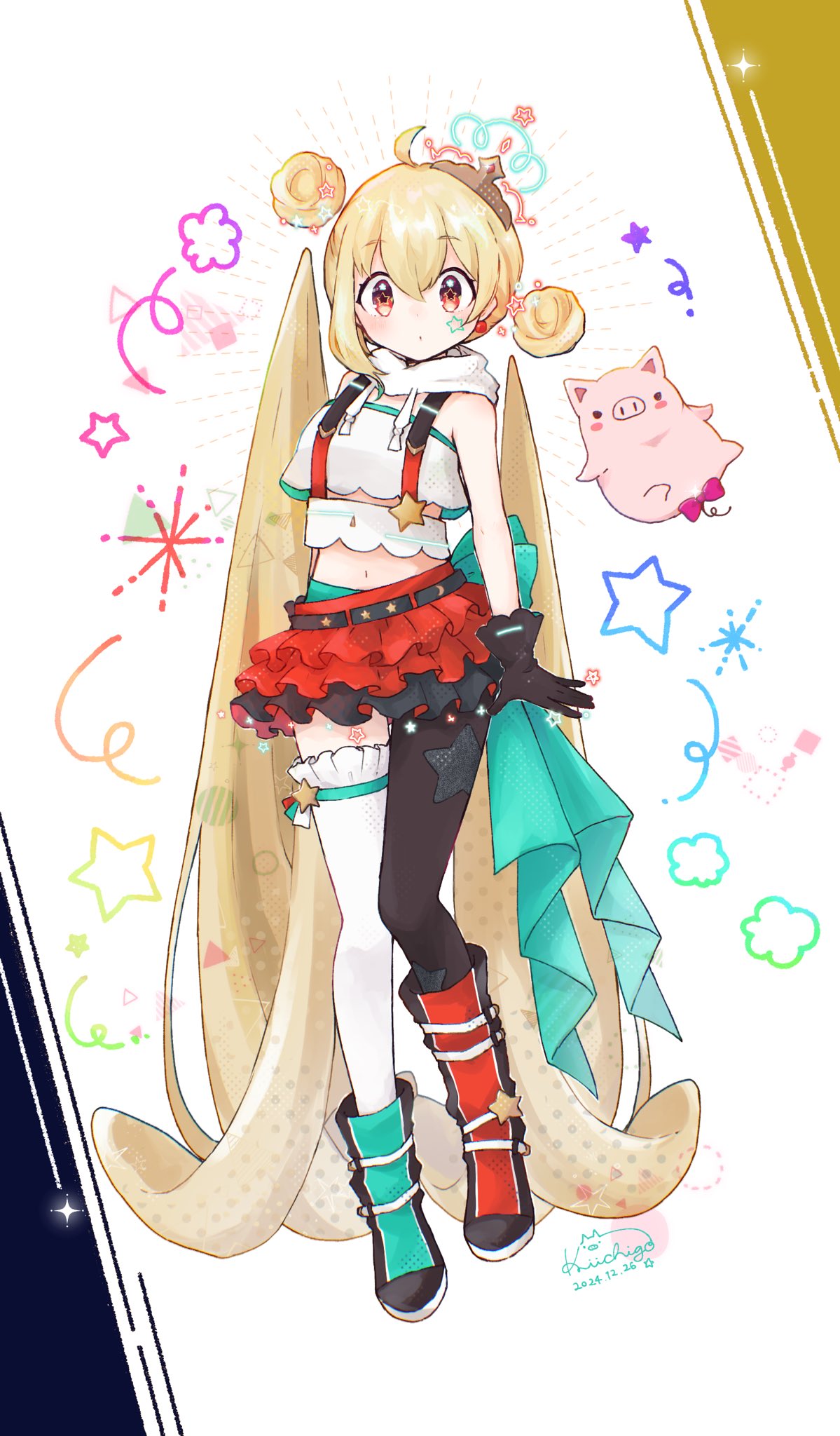 1girl, 1st-mn, ahoge, asymmetrical_legwear, belt, black_gloves, black_skirt, blonde_hair
