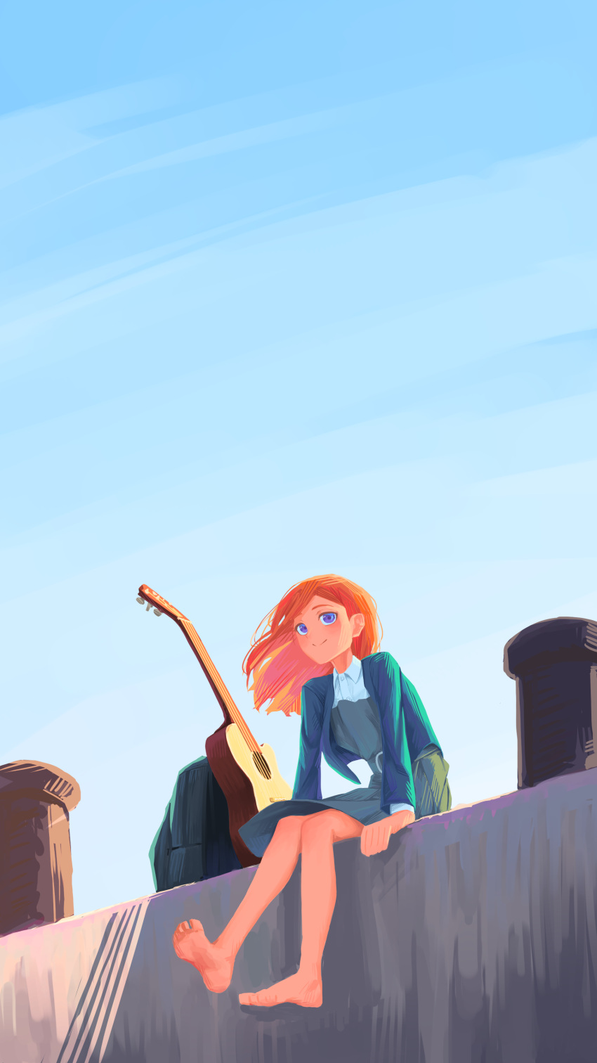 1girl, absurdres, acoustic_guitar, and_fersent, backpack, bag, barefoot, blazer, collared_shirt, commentary, day, english_commentary, full_body, guitar, highres, instrument, jacket, long_sleeves, looking_to_the_side, love_live!, love_live!_superstar!!, open_clothes, open_jacket, orange_hair, outdoors, school_uniform, shibuya_kanon, shirt, sitting, sky, smile, solo, violet_eyes