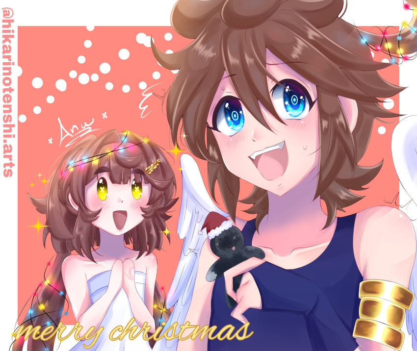 1boy, 1girl, :d, adapted_costume, androgynous, angel, angel_wings, armlet