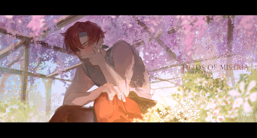 1boy, absurdres, artist_name, black_headband, blurry, blurry_foreground, blush, closed_eyes