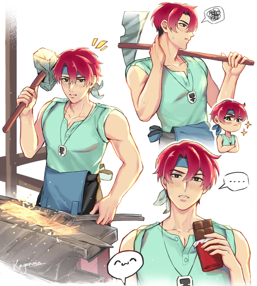 ..., 1boy, 777xara, black_eyes, blacksmith, blue_headband, candy, chibi, chibi_inset, chocolate, chocolate_bar, collarbone, commentary, crossed_arms, english_commentary, fields_of_mistria, food, green_shirt, hammer, hand_on_own_neck, headband, highres, holding, holding_hammer, jewelry, looking_at_viewer, male_focus, march_(fields_of_mistria), multiple_views, necklace, parted_lips, redhead, shirt, short_hair, sleeveless, sleeveless_shirt, sparkle, spoken_ellipsis, spoken_expression, spoken_squiggle, squiggle, sweat, toned, toned_male, white_background