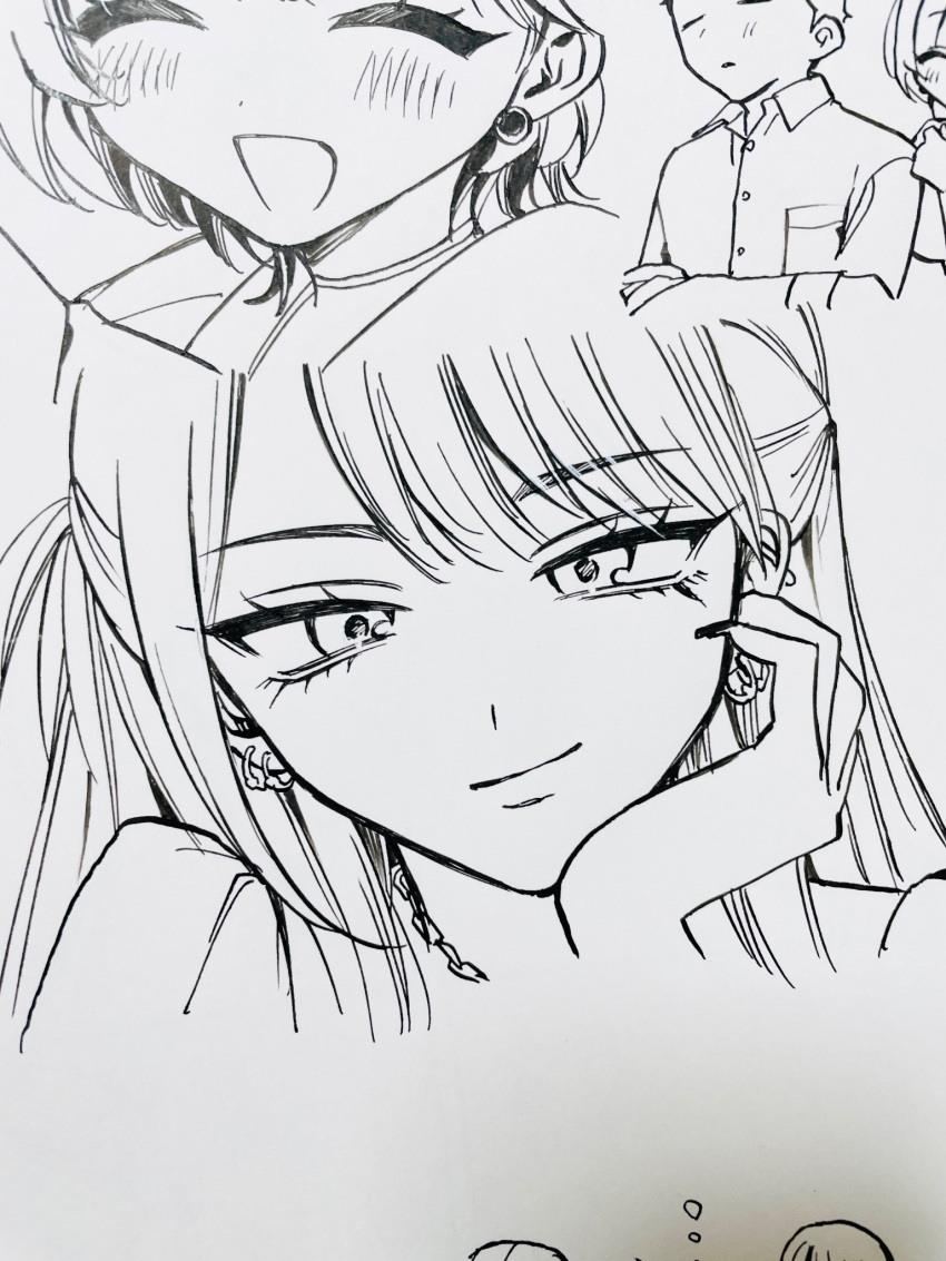 1boy, 2girls, ^_^, akiyama_enma, closed_eyes, closed_mouth, commentary, cropped_shoulders, earrings, hand_on_own_cheek, hand_on_own_face, highres, hoop_earrings, jewelry, lineart, long_hair, looking_at_viewer, multiple_earrings, multiple_girls, negiemon, nib_pen_(medium), noa-senpai_wa_tomodachi., ootsuka_rihito, pen_(medium), photo_(medium), saotome_noa, side_ponytail, sidelocks, smile, solo_focus, traditional_media, tsurime