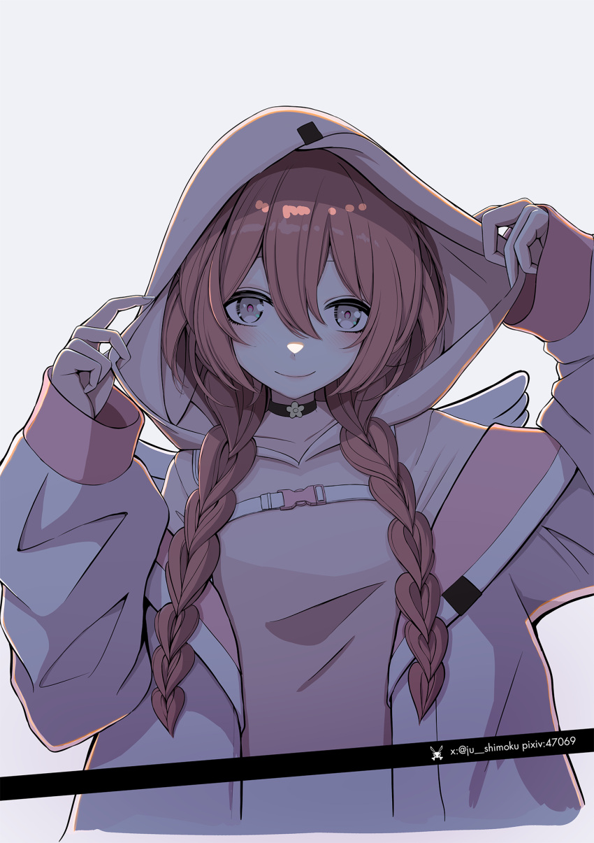 1girl, adjusting_hood, amayui_moka, blush, braid, brown_hair, choker, commentary_request, cropped_torso, fake_wings, hands_up, highres, hood, hood_up, hoodie, long_hair, long_sleeves, looking_at_viewer, noli-pee_(little_stupid), open_clothes, open_hoodie, pink_eyes, pixiv_id, smile, solo, twin_braids, twitter_username, virtual_youtuber, vspo!, wings