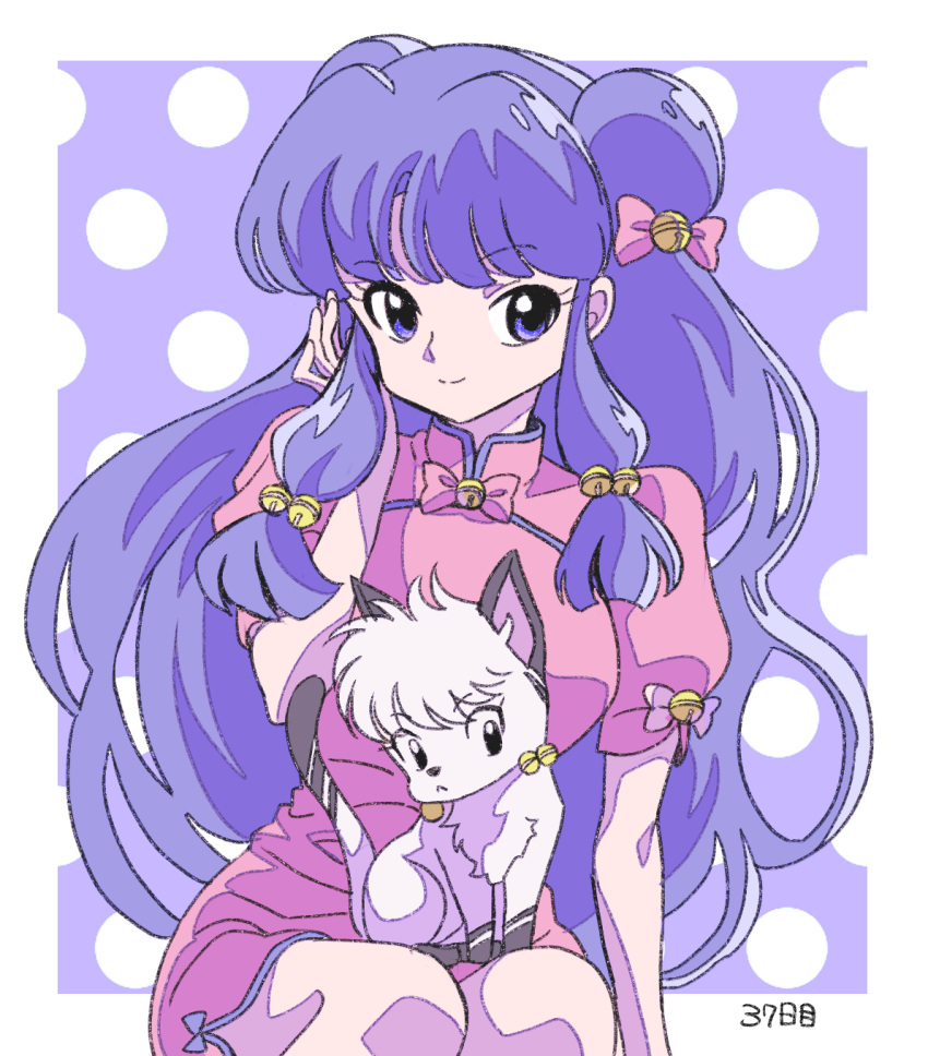 1girl, bell, bow, cat, chinese_clothes, dress, dual_persona, hair_bell, hair_bow, hair_ornament, highres, long_hair, nabe_(000_nato528), pink_bow, pink_dress, purple_hair, ranma_1/2, shampoo_(cat), shampoo_(ranma_1/2), sidelocks, smile, two-tone_fur, violet_eyes