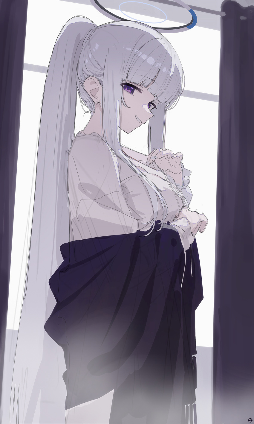 1girl, absurdres, blue_archive, blunt_bangs, breasts, curtains, dress, grey_hair