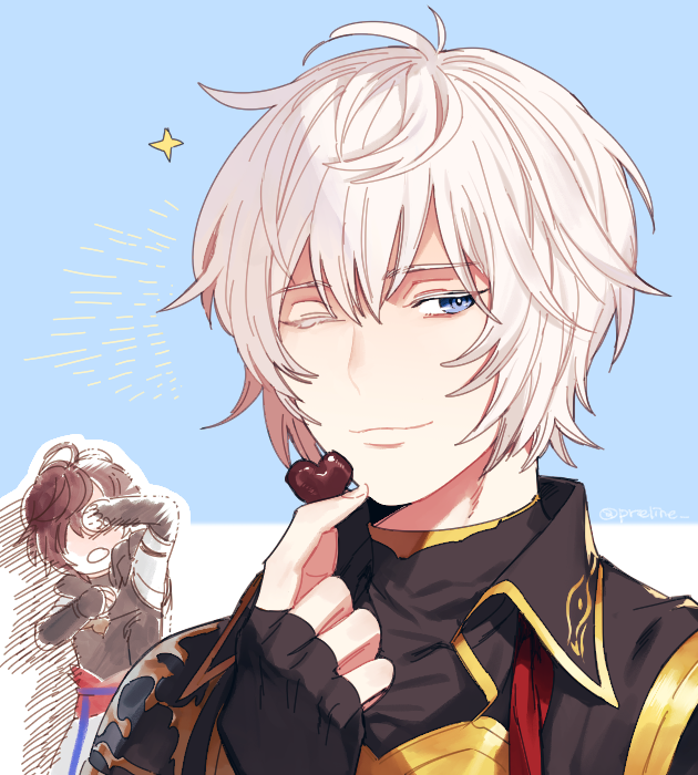 ahoge, armor, blue_background, blue_eyes, blush, brown_hair, candy, chocolate