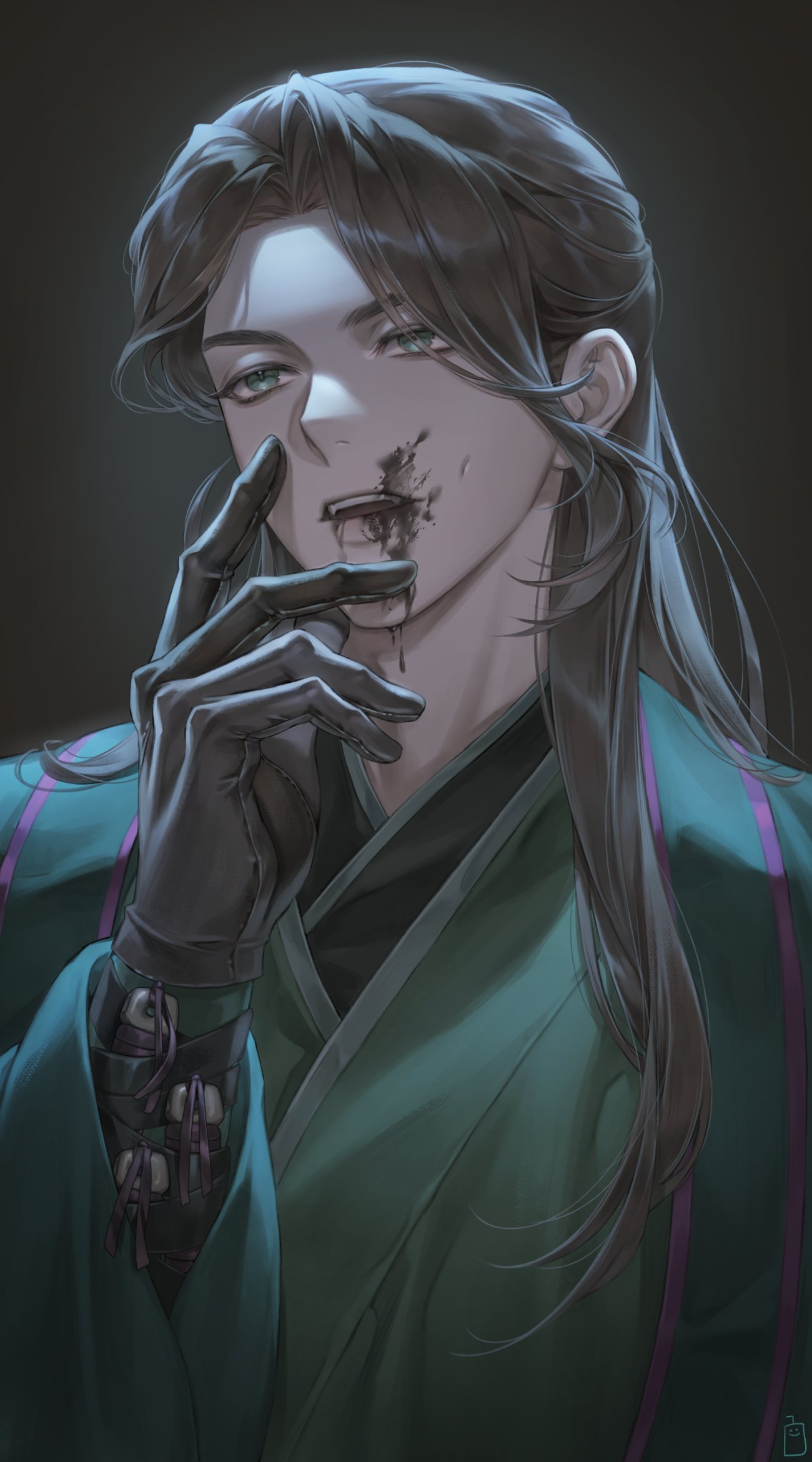 1boy, black_hair, black_liquid, brown_hair, chinese_clothes, duyu_(07040613), fangs, green_eyes