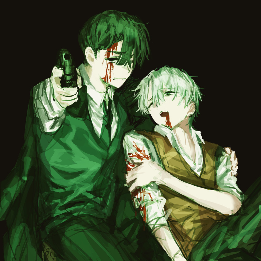 2boys, absurdres, aiming, aiming_at_viewer, alien_stage, black_background, black_eyes, black_hair