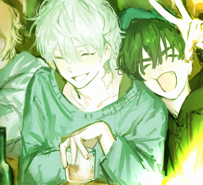 3boys, alcohol, alien_stage, black_hair, black_hoodie, blonde_hair, blue_sweater, commentary