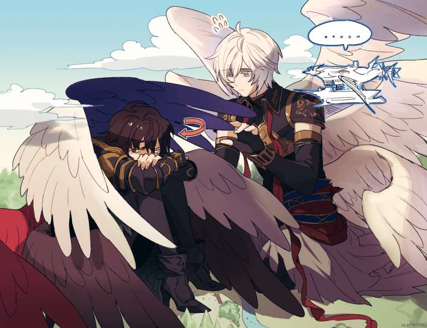 ..., 2boys, ahoge, armor, arrow_(symbol), blue_eyes, blue_sky, blue_wings