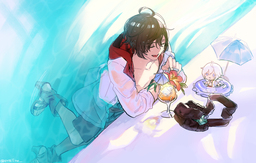 1boy, :d, ahoge, bag, brown_hair, chibi, closed_eyes, commentary_request