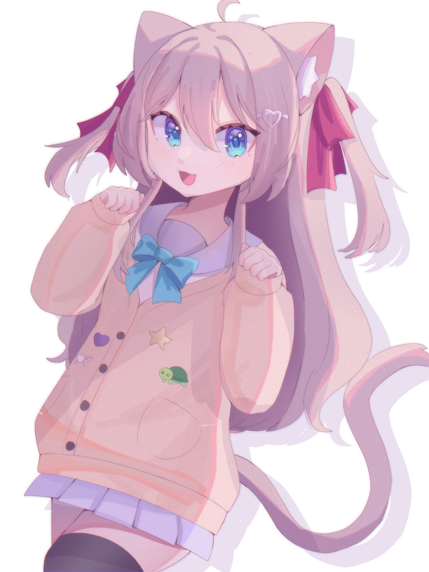 1girl, ahoge, animal_ears, black_thighhighs, blue_bow, blue_bowtie, blue_eyes, blue_sailor_collar