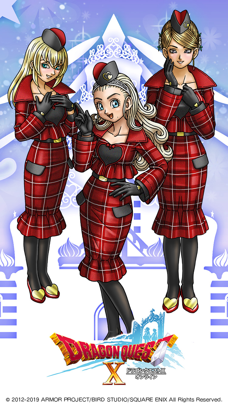 3girls, :d, anlucea, aqua_eyes, artist_request, black_gloves, black_pantyhose, blonde_hair, blue_eyes, brown_hair, character_request, check_character, copyright_logo, dragon_quest, dragon_quest_x, earrings, flower, full_body, gloves, grey_eyes, hair_flower, hair_ornament, hair_pulled_back, hand_on_own_cheek, hand_on_own_face, hand_on_own_hip, hands_on_own_chest, hat, heart, highres, index_finger_raised, jewelry, kamil_(dq10), long_hair, looking_at_viewer, marone_(dq10), mole, mole_under_mouth, multiple_girls, official_alternate_costume, official_art, official_wallpaper, pantyhose, plaid_clothes, plaid_shirt, plaid_skirt, red_footwear, shirt, silver_hairband, skirt, smile, third-party_source